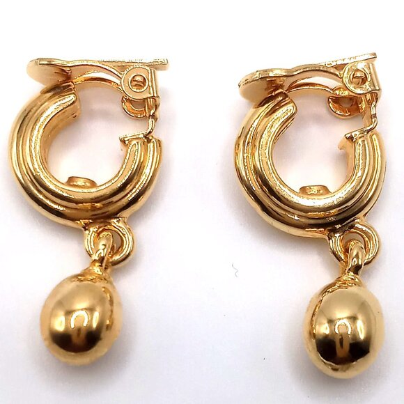 Vintage Hoop Clip-On Earrings Gold-Tone Dangling Ball Charm 1.25" Length - Picture 2 of 7